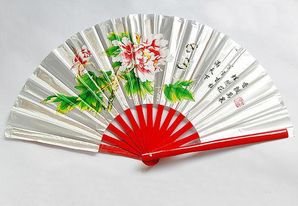 Peony Butterfly Bamboo Fan Red Silver Right Hand)13.4 
