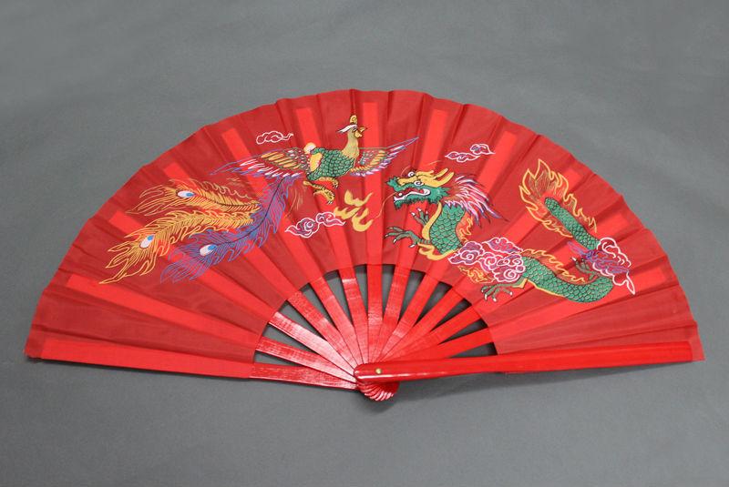 13.5 High-Quality Chinese Tai Chi Martial Arts Kung Fu Bamboo Dragon Phoenix Fan Red